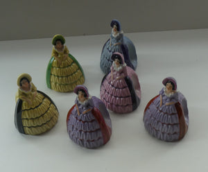 Group of SIX Carlton Ware Crinoline Lady Ceramic Napkin Rings, c 1935