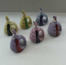 Load image into Gallery viewer, Group of SIX Carlton Ware Crinoline Lady Ceramic Napkin Rings, c 1935
