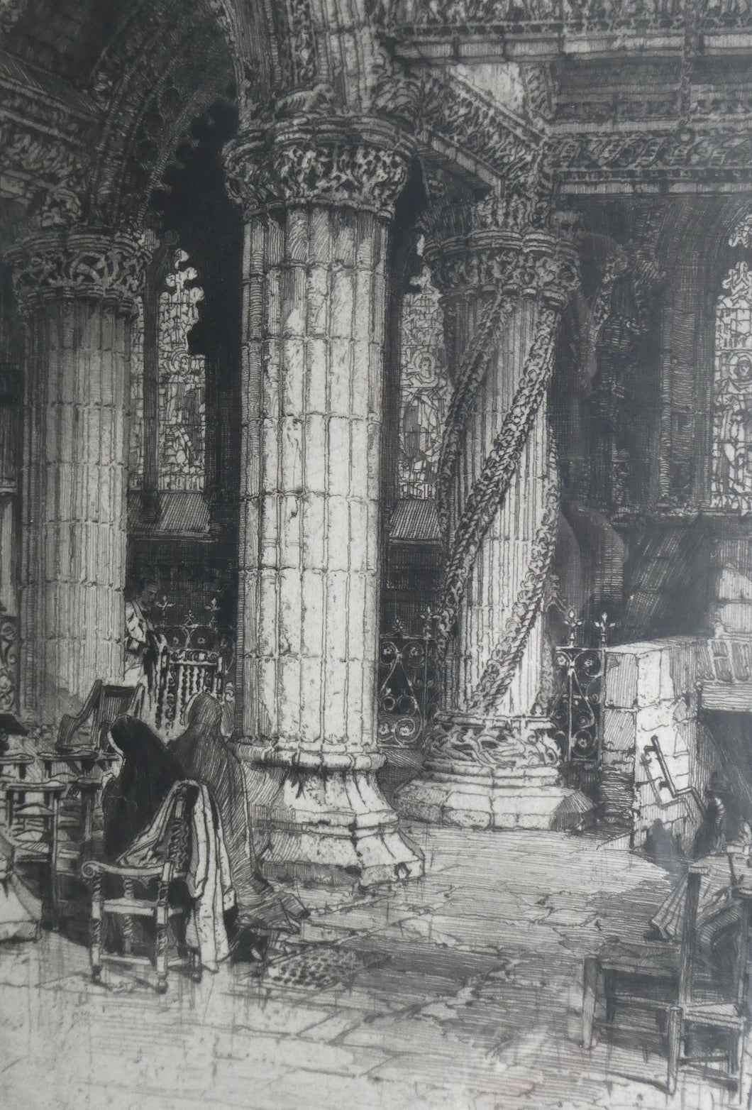 ANTIQUE PRINT. Original Etching by Hedley FITTON. Entitled ROSSLYN CHAPEL. Pencil Signed