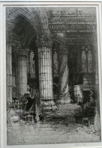 ANTIQUE PRINT. Original Etching by Hedley FITTON. Entitled ROSSLYN CHAPEL. Pencil Signed