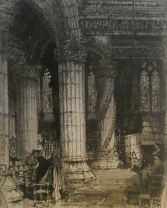 ANTIQUE PRINT. Original Etching by Hedley FITTON. Entitled ROSSLYN CHAPEL. Pencil Signed