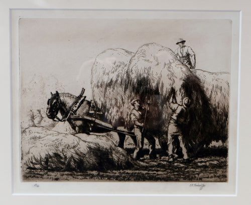 ORIGINAL ETCHING: Carting Hay (1928) by Charles Frederick Tunnicliffe. Pencil Signed & FRAMED