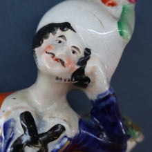 Load image into Gallery viewer, Antique STAFFORDSHIRE Figurine. Rarer Modelled Group: A Huntsman and Little Seated Girl. Excellent Condition. 10 1/4 inches high
