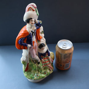 Antique STAFFORDSHIRE Figurine. Rarer Modelled Group: A Huntsman and Little Seated Girl. Excellent Condition. 10 1/4 inches high