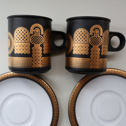 PAIR of 1980s Hornsea MIDAS PATTERN Espresso Cups and Saucers. 22ct Gold on Matt Black