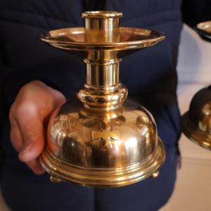 ECCLESIASTICAL ART. Unusual Pair of Vintage Handmade Solid Brass Half Dome Church Candlesticks