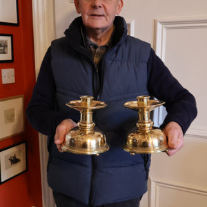 ECCLESIASTICAL ART. Unusual Pair of Vintage Handmade Solid Brass Half Dome Church Candlesticks