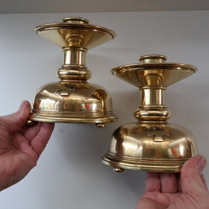 ECCLESIASTICAL ART. Unusual Pair of Vintage Handmade Solid Brass Half Dome Church Candlesticks