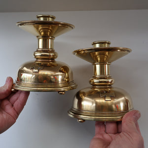 ECCLESIASTICAL ART. Unusual Pair of Vintage Handmade Solid Brass Half Dome Church Candlesticks