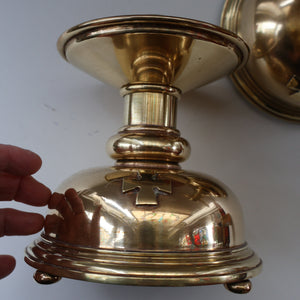 ECCLESIASTICAL ART. Unusual Pair of Vintage Handmade Solid Brass Half Dome Church Candlesticks