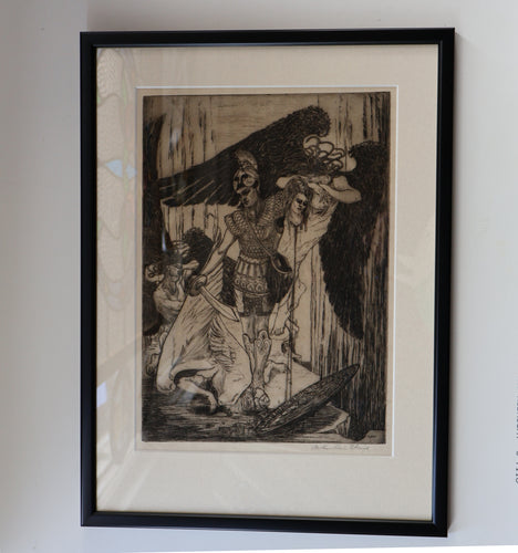 SCOTTISH ART: Antique 1920s Original Etching by Arthur Edwin Wrench. Mythological Subject: PERSEUS SLAYING THE MEDUSA