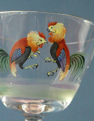 Set of Six Vintage Cockerel Liqueur or Small Cocktails Glasses. Flare Bowl with Gold Rim