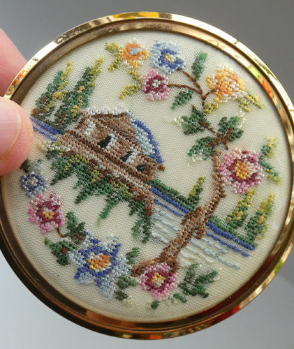 Vintage 1960s POWDER COMPACT with Chinese Landscape Petit Point on Lid