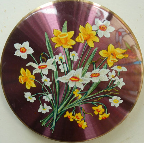 1960s Stratton POWDER COMPACT with Purple Enamel Background & Posy of Daffodils Design