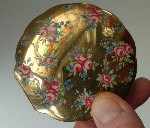 1950s Iris POWDER COMPACT with Flowers and Mirror Finish Gold Tone Background