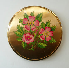 Load image into Gallery viewer, Vintage 1960s POWDER COMPACT with Pink and Rose Tipped Petals. Gold-Tone Background
