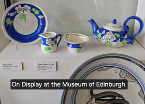 SCOTTISH POTTERY. SET OF SIX 1920s Mak Merry Hand-Painted Dessert Plates. Blue Background with Prunus Flowers. 8 inches