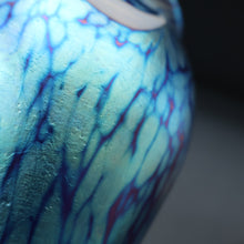 Load image into Gallery viewer, Vintage OKRA Glass Vase with Cobalt Blue Body and Mottled Lustres and Scrolls by Sarah Elizabeth Cowan. SIGNED
