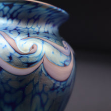 Load image into Gallery viewer, Vintage OKRA Glass Vase with Cobalt Blue Body and Mottled Lustres and Scrolls by Sarah Elizabeth Cowan. SIGNED
