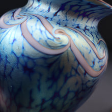 Load image into Gallery viewer, Vintage OKRA Glass Vase with Cobalt Blue Body and Mottled Lustres and Scrolls by Sarah Elizabeth Cowan. SIGNED
