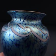 Load image into Gallery viewer, Vintage OKRA Glass Vase with Cobalt Blue Body and Mottled Lustres and Scrolls by Sarah Elizabeth Cowan. SIGNED
