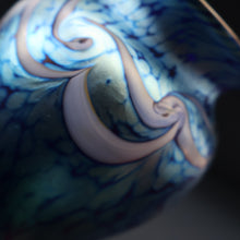 Load image into Gallery viewer, Vintage OKRA Glass Vase with Cobalt Blue Body and Mottled Lustres and Scrolls by Sarah Elizabeth Cowan. SIGNED
