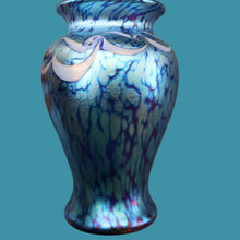 Load image into Gallery viewer, Vintage OKRA Glass Vase with Cobalt Blue Body and Mottled Lustres and Scrolls by Sarah Elizabeth Cowan. SIGNED
