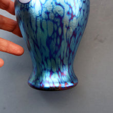 Load image into Gallery viewer, Vintage OKRA Glass Vase with Cobalt Blue Body and Mottled Lustres and Scrolls by Sarah Elizabeth Cowan. SIGNED
