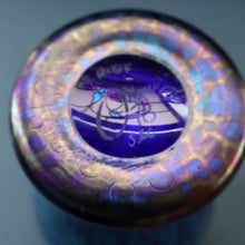 Load image into Gallery viewer, Vintage OKRA Glass Vase with Cobalt Blue Body and Mottled Lustres and Scrolls by Sarah Elizabeth Cowan. SIGNED
