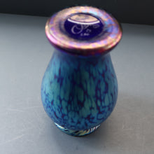 Load image into Gallery viewer, Vintage OKRA Glass Vase with Cobalt Blue Body and Mottled Lustres and Scrolls by Sarah Elizabeth Cowan. SIGNED
