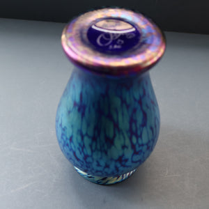 Vintage OKRA Glass Vase with Cobalt Blue Body and Mottled Lustres and Scrolls by Sarah Elizabeth Cowan. SIGNED