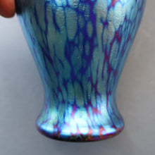 Load image into Gallery viewer, Vintage OKRA Glass Vase with Cobalt Blue Body and Mottled Lustres and Scrolls by Sarah Elizabeth Cowan. SIGNED
