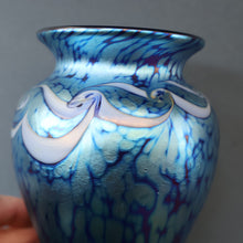 Load image into Gallery viewer, Vintage OKRA Glass Vase with Cobalt Blue Body and Mottled Lustres and Scrolls by Sarah Elizabeth Cowan. SIGNED
