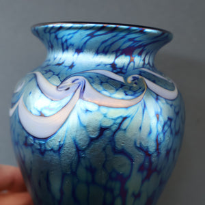 Vintage OKRA Glass Vase with Cobalt Blue Body and Mottled Lustres and Scrolls by Sarah Elizabeth Cowan. SIGNED