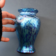 Load image into Gallery viewer, Vintage OKRA Glass Vase with Cobalt Blue Body and Mottled Lustres and Scrolls by Sarah Elizabeth Cowan. SIGNED
