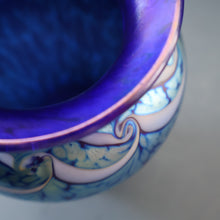 Load image into Gallery viewer, Vintage OKRA Glass Vase with Cobalt Blue Body and Mottled Lustres and Scrolls by Sarah Elizabeth Cowan. SIGNED
