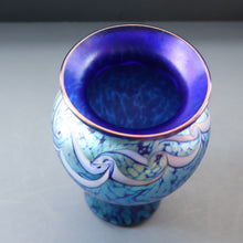 Load image into Gallery viewer, Vintage OKRA Glass Vase with Cobalt Blue Body and Mottled Lustres and Scrolls by Sarah Elizabeth Cowan. SIGNED
