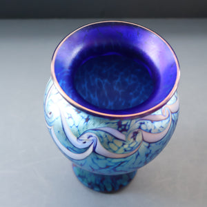 Vintage OKRA Glass Vase with Cobalt Blue Body and Mottled Lustres and Scrolls by Sarah Elizabeth Cowan. SIGNED