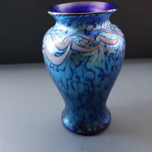 Load image into Gallery viewer, Vintage OKRA Glass Vase with Cobalt Blue Body and Mottled Lustres and Scrolls by Sarah Elizabeth Cowan. SIGNED
