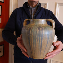 Load image into Gallery viewer, Large 1940s UPCHURCH British Studio Art Pottery Vase in Attractive Streaky Blue and Grey Glazes. Height: 10 inches
