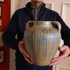 Large 1940s UPCHURCH British Studio Art Pottery Vase in Attractive Streaky Blue and Grey Glazes. Height: 10 inches