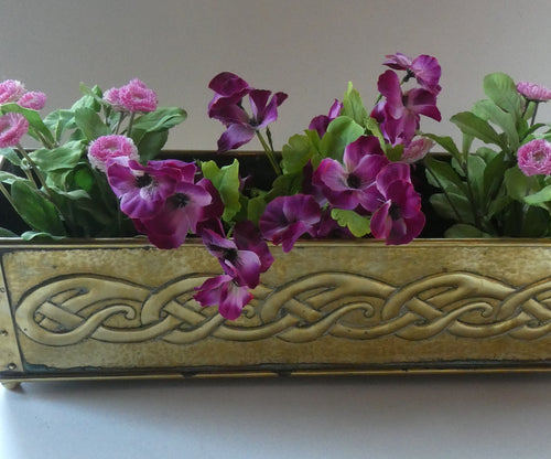 EXCEPTIONALLY LONG. Antique CELTIC REVIVAL Brass Planter with Repousse Knotword Pattern & Ball Feet