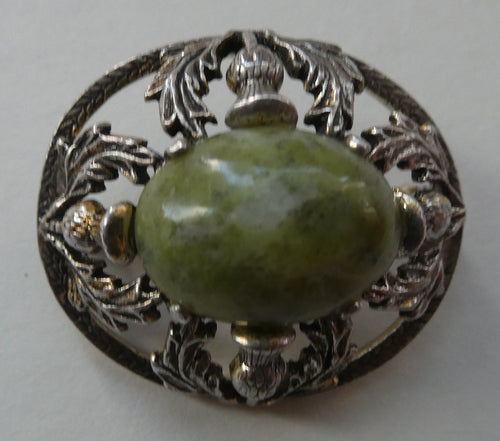 1970s Scottish Silver Brooch with Green Marble / Agate Stone. Hallmarked Edinburgh 1971