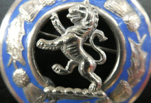 Load image into Gallery viewer, Vintage White Metal Celtic Style Brooch with Lion Rampant Motif, Thistle Motifs and Blue Enamel
