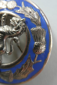 Vintage White Metal Celtic Style Brooch with Lion Rampant Motif, Thistle Motifs and Blue Enamel