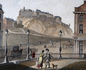 SCOTTISH ART. Georgian Engraving 1804 by James Fittler after John Claude Nattes, Edinburgh Castle from Registar House. FRAMED