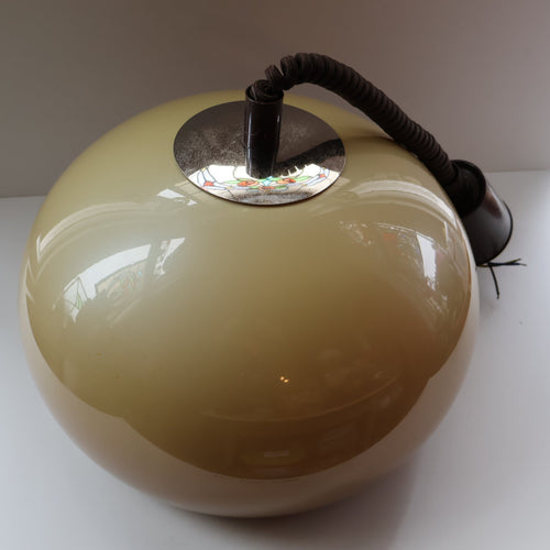 LARGE Cream  / Mushroom 1970s GUZZINI STYLE Pendant Hanging RISE and FALL Light Shade with Chrome Cap