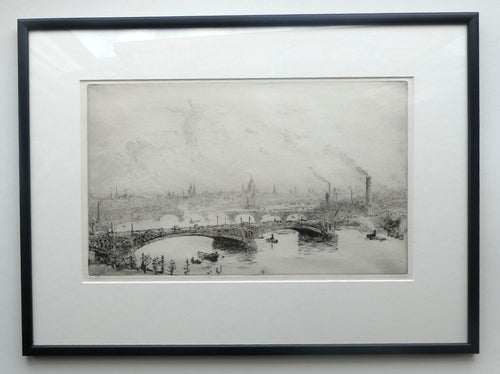 ORIGINAL ETCHING: William Lionel Wyllie (1851 – 1931)  IMAGINARY W.L. BRIDGE with St Paul's in the Distance