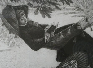 French Art: James TISSOT (1836 - 1902). The Hammock or Le Hamac (1880). Etching and Drypoint. Framed