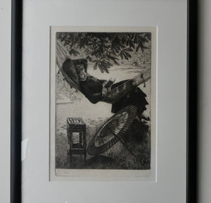 French Art: James TISSOT (1836 - 1902). The Hammock or Le Hamac (1880). Etching and Drypoint. Framed